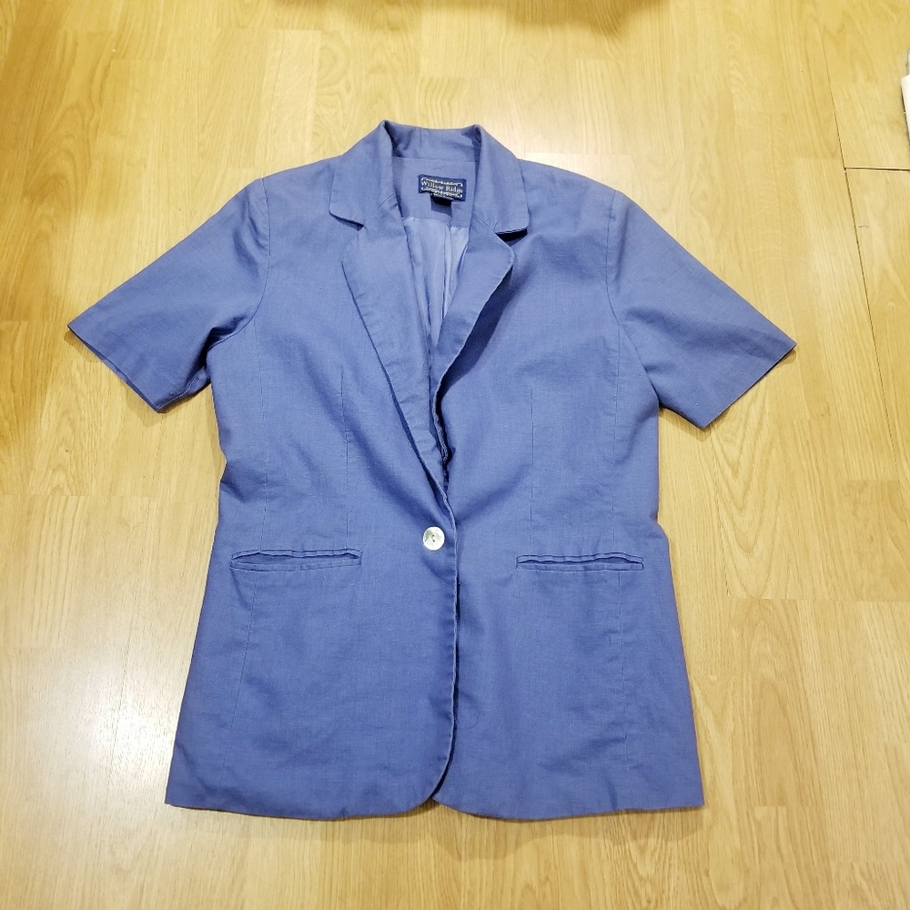 Willow Ridge Blue Linen Short Sleeve Collared Button Jacket Blazer 10 Vintage